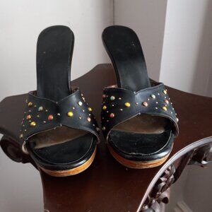 VINTAGE POLLY BLACK LEATHER MULES HEELS 8